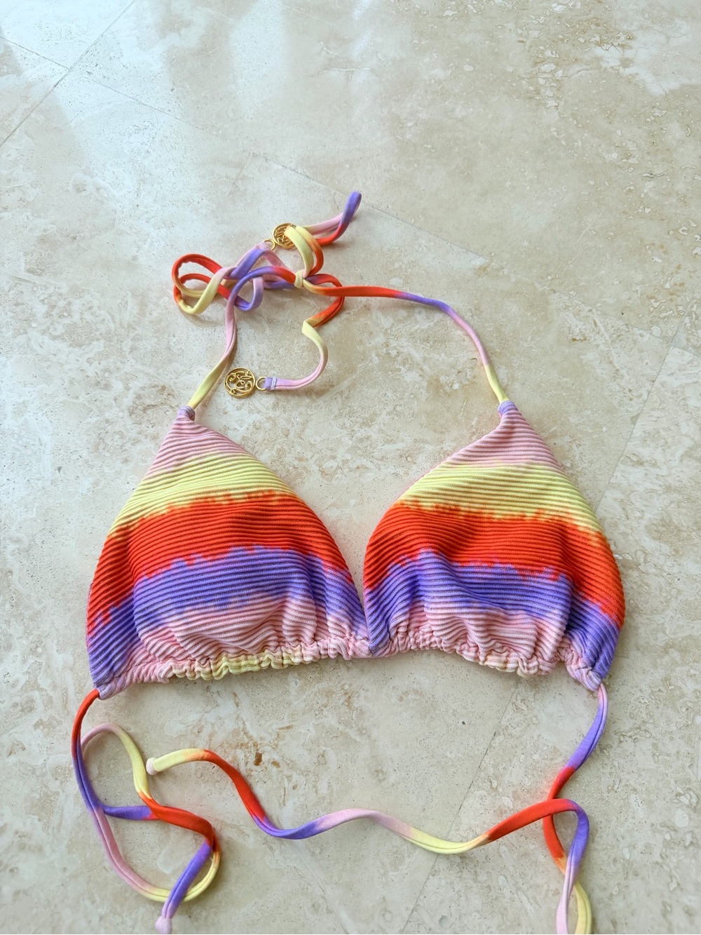Luli Fama Rainbow Stripe Ribbed Triangle Bikini Top - Red, Purple, Yellow